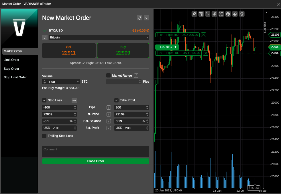 cTrader crypto trading screen